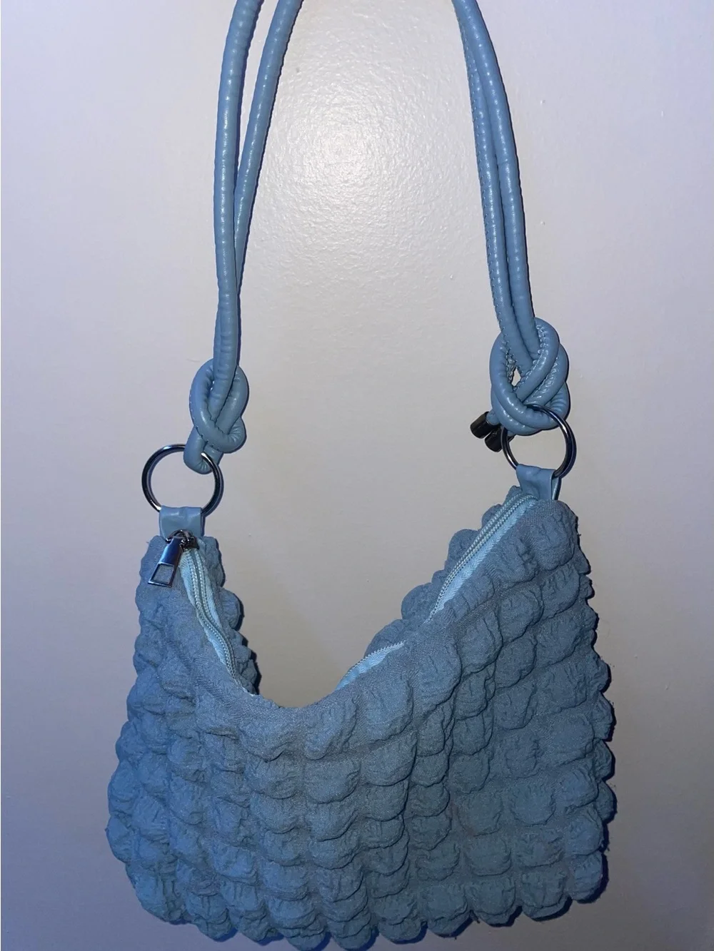 Light Blue Popcorn / Bubble Textured Shoulder Bag – Knotted Strap